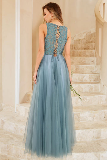 Vestido de dama de honra de tulle azul cinza com renda